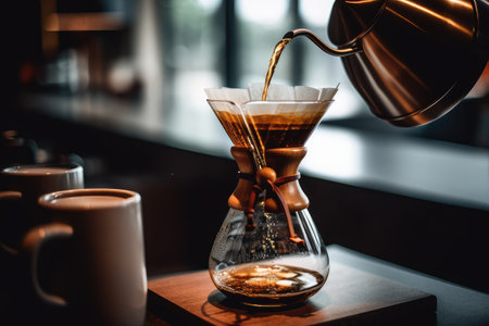 Alternative coffee brewing method,pure over,glass teapot on wooden tray with freshly brewed coffee on dark background. AI Generatedの素材