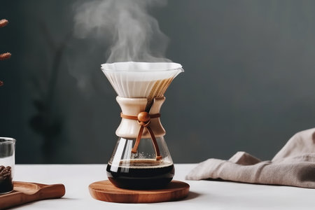 Alternative coffee brewing method,pure over,glass teapot on wooden tray with freshly brewed coffee on dark background. AI Generatedの素材
