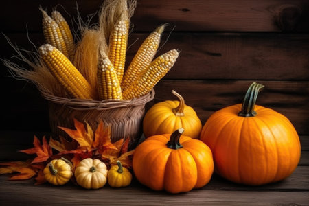 Happy Thanksgiving Day background, wooden table decorated Holiday Autumn festival concept scene Fall, Harvest. AI generatedの素材