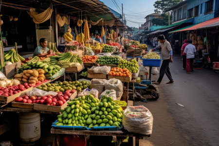 Local grocery market with fruits and vegetables on the street. AI Generatedの素材