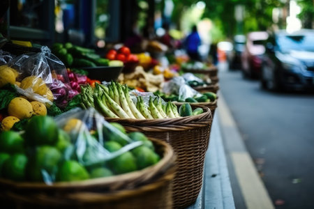 Local grocery market with fruits and vegetables on the street. AI Generatedの素材