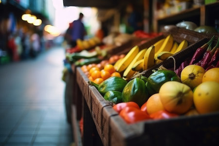 Local grocery market with fruits and vegetables on the street. AI Generatedの素材