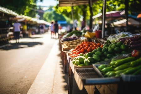 Local grocery market with fruits and vegetables on the street. AI Generatedの素材