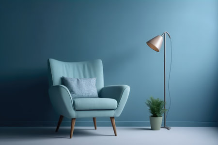minimal interior with blue soft chair and lamp, white wall, AI Generatedの素材