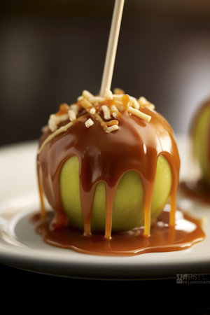 Delicious caramel apple with nuts wooden stick on plate. AI Generatedの素材
