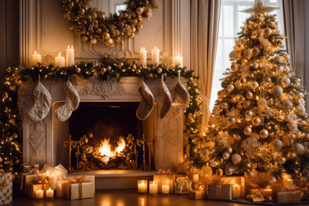 Christmas background with burning candles in front of fireplace and Christmas tree, AI generatedの素材