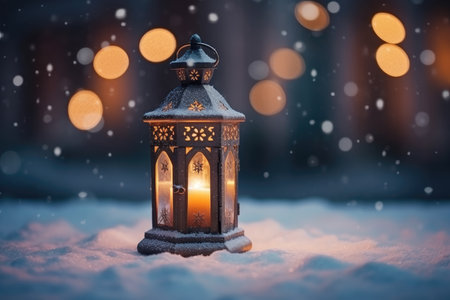 Christmas flashlight with a toy in the snow at night in the forest. Christmas Eve AI generatedの素材