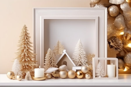 Christmas composition with gold mock up poster frame white AI generatedの素材