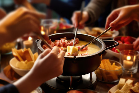 french specialty, cheese fondue with fondue set, crouton of bread and many cheese. Many hands diping croutons into cheese. AI Generatedの素材
