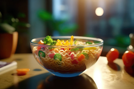 Instant noodles with veggies in a bowl. Hot cooked delicious noodles , fast food concept idea, AI Generatedの素材