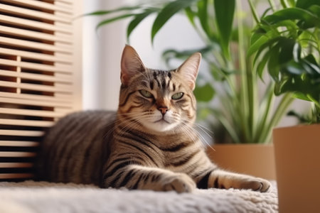 Cute cat lying on soft mat at home, many plants and soft light. AI Generatedの素材