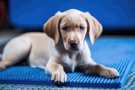 pet care. Cute mixed breed dog lying on cool mat in hot day looking up, white background, summer heat. AI Generatedの素材