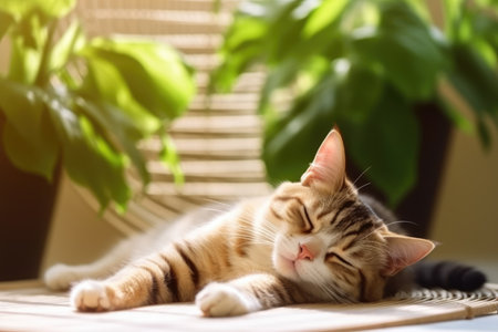 Cute cat lying on soft mat at home, many plants and soft light. AI Generatedの素材