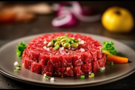 Keto diet, carnivore diet. Beef steak tartare with greenery and vegetables. AI Generatedの素材