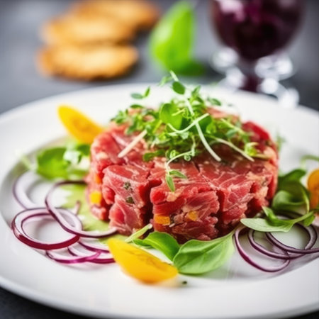 Keto diet, carnivore diet. Beef steak tartare with greenery and vegetables. AI Generatedの素材