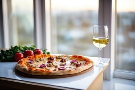 delicious meat pizza on restaurant table, near window , AI Generatedの素材