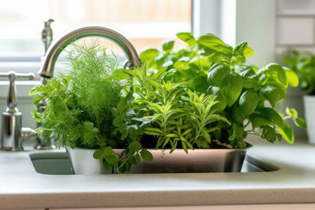 various greenery to wash in kitchen sink, AI Generatedの素材
