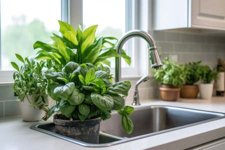 various greenery to wash in kitchen sink, AI Generatedの素材