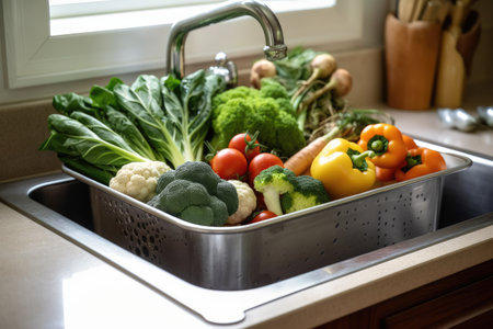 Healthy food and diet. various vegetables to wash in kitchen sink, AI Generatedの素材