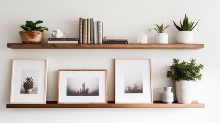 White square frame and a group of indoor plants on a bookshelf. Minimal compositionの素材