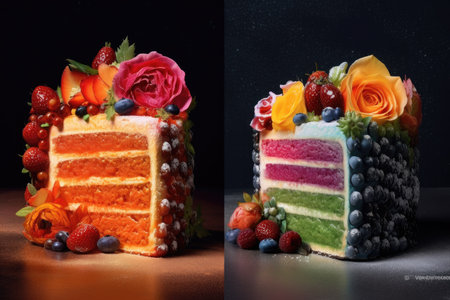 Rainbow cake on dark background. ai generatedの素材