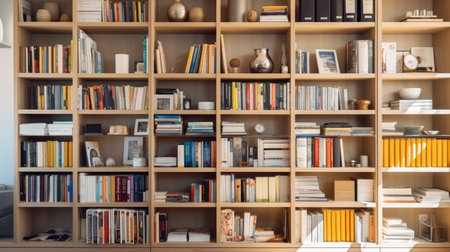 Modern interior study bookshelves on the wall room Ai geratedの素材