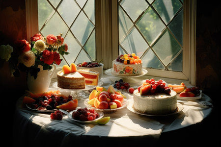 Rainbow cake on dark background. ai generatedの素材