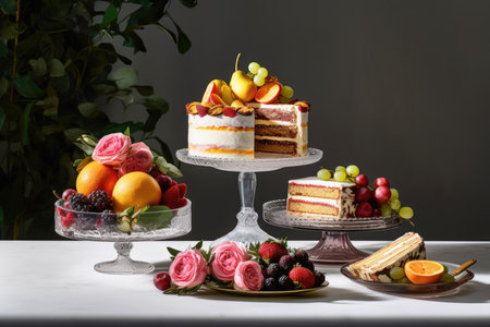 Rainbow cake on dark background. ai generatedの素材