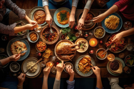 Family praying before dinner in thanksgiving dinner ai generatedの素材