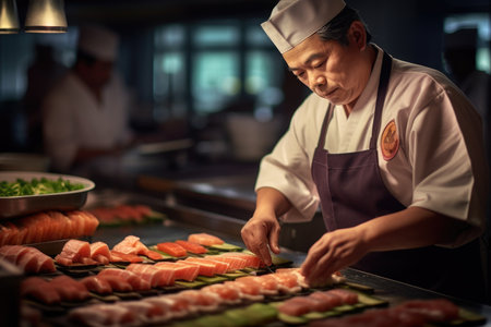 Master making a sushi roll with nori, rice, cucumber and omelet using bamboo mat. ai generatedの素材