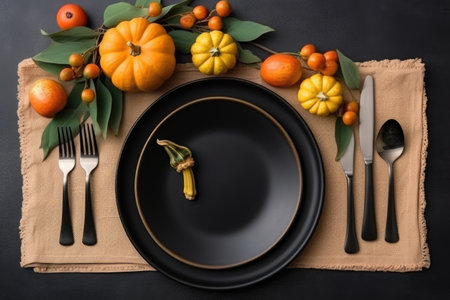 Thanksgiving table setting with autumnal decor, flat lay , AI Generativeの素材