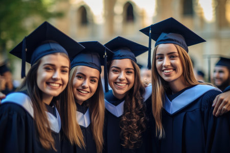 Graduation Caps Thrown in the Air, Graduates celebrating and screaming, AI Generativeの素材