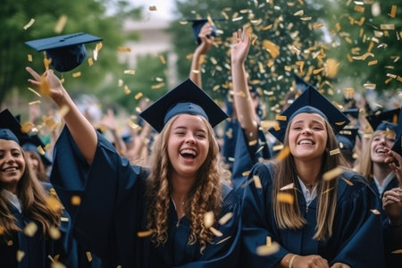 Graduation Caps Thrown in the Air, Graduates celebrating and screaming, AI Generativeの素材