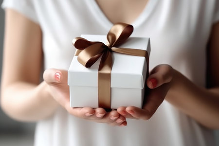 hands holding small gift with ribbon. AI generativeの素材