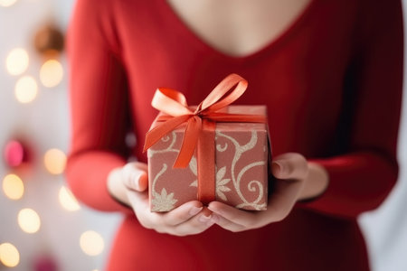 hands holding small gift with ribbon. AI generativeの素材