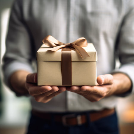 hands holding small gift with ribbon. AI generativeの素材