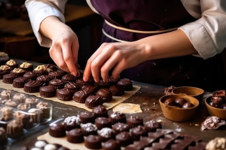 female master chef chocolatier working in artisanal professional chocolate shop, AI Generativeの素材