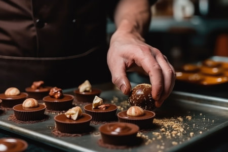 female master chef chocolatier working in artisanal professional chocolate shop, AI Generativeの素材