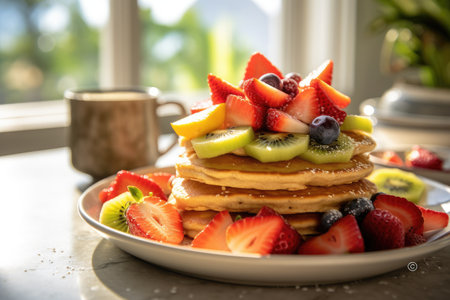 Plate with tasty pancakes and strawberries on kitchen table, AI Generativeの素材