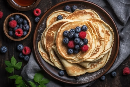 Plate with tasty thin pancakes or crepes on kitchen table and berries, flat lay , AI Generativeの素材