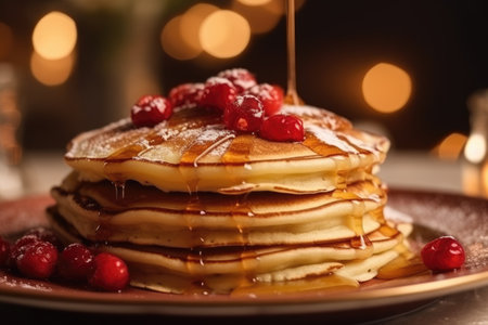 Plate with tasty thin pancakes or crepes on kitchen table with a piece of butter on top , AI Generativeの素材