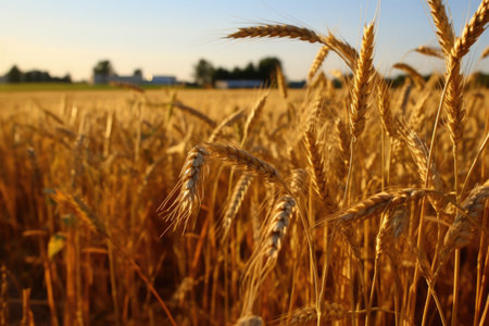 Rich harvest. backdrop of ripening ears of yellow wheat field on the sunset, cloudy orange sky background. AI Generativeの素材