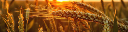 Rich harvest. backdrop of ripening ears of yellow wheat field on the sunset, cloudy orange sky background, banner. AI Generativeの素材
