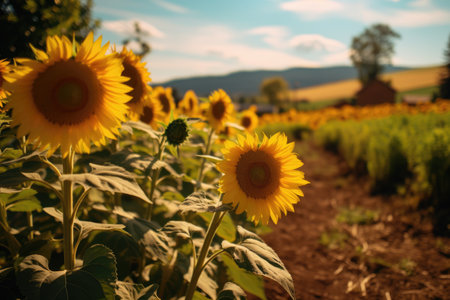 Beautiful field of blooming sunflowers against sunset golden light, AI Generativeの素材