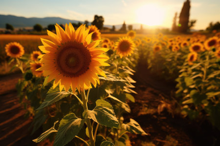 Beautiful field of blooming sunflowers against sunset golden light, AI Generativeの素材