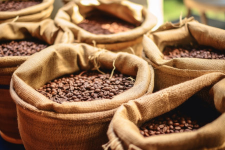 coffee beans in mesh bags, coffee production, AI Generativeの素材