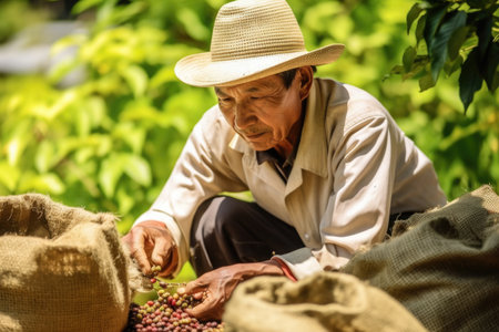 farmer on arabica coffee plantation picking coffee , AI Generativeの素材