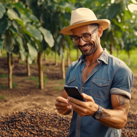 young farmer on arabica coffee plantation holding smartphone, AI Generativeの素材
