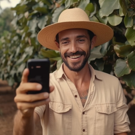 young farmer on arabica coffee plantation holding smartphone, AI Generativeの素材