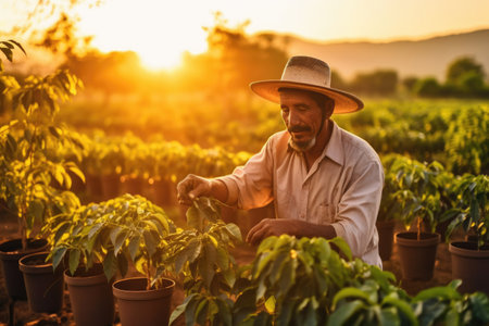farmer on arabica coffee plantation at sunset , AI Generativeの素材